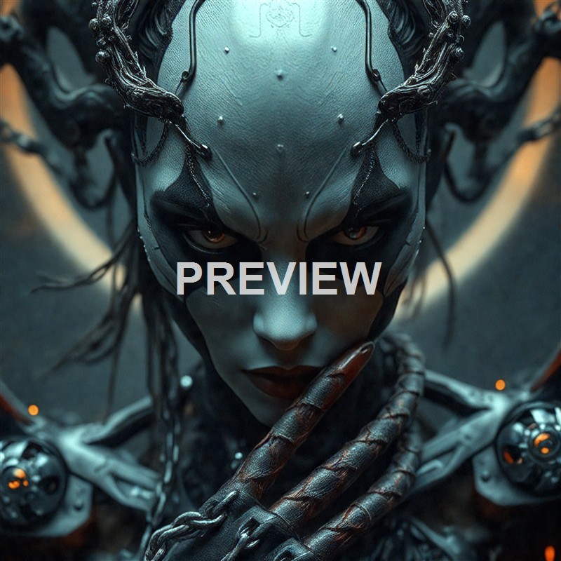 A highly detailed, futuristic humanoid character with intricate metallic and synthetic facial features, intense eyes, and a cybernetic appearance, holding a finger to her lips in a shushing gesture.